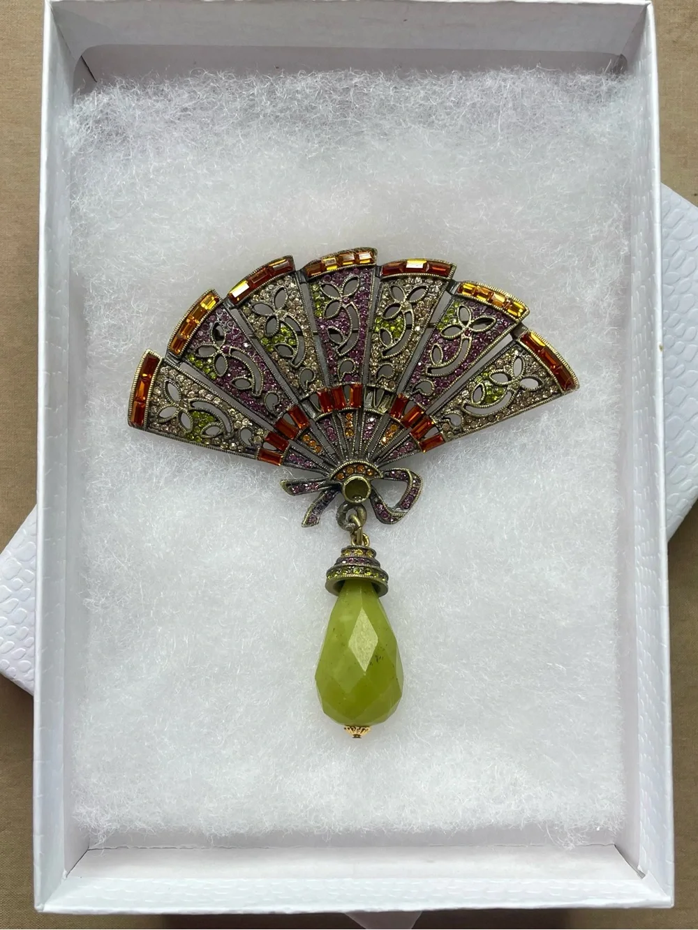 Heidi Daus Vintage Fan Brooch Crystals Pin Green Purple Rust Pave Broach FLAWs